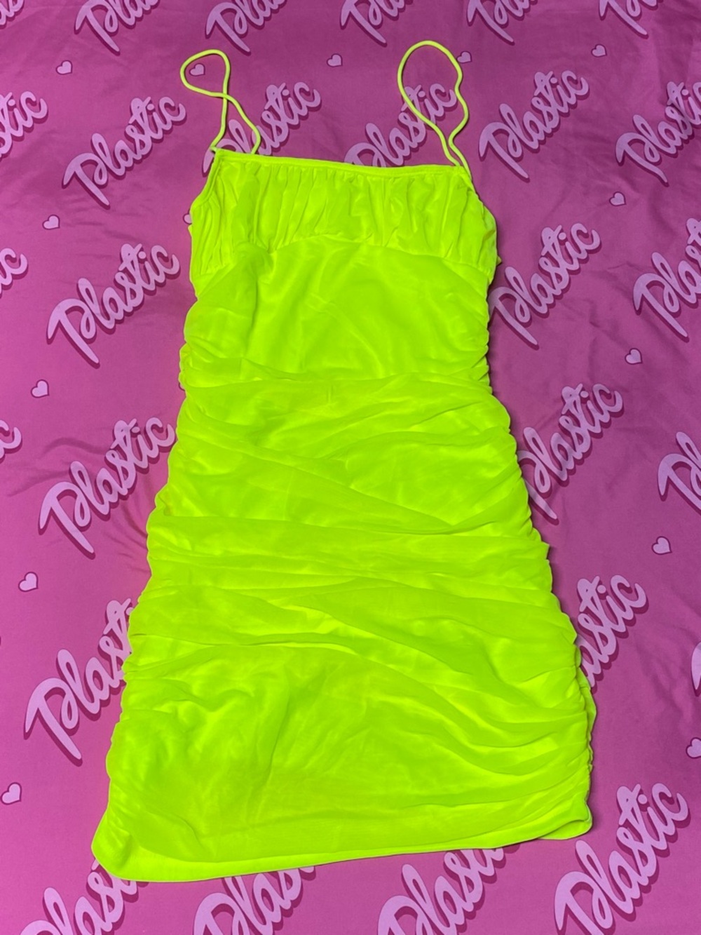 NWOT SHEIN Neon Yellow Green Ruffle Mesh Cocktail Mini Club Date Dress VIRAL Y2K